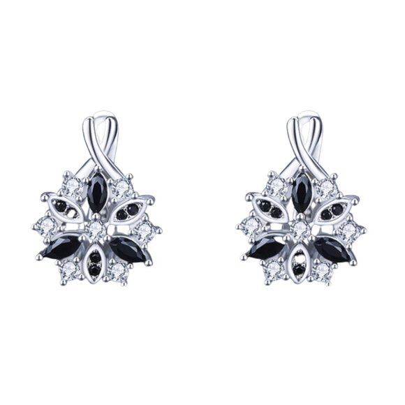 Black & Silver Flower Hoop Earrings - Picture 1 of 5